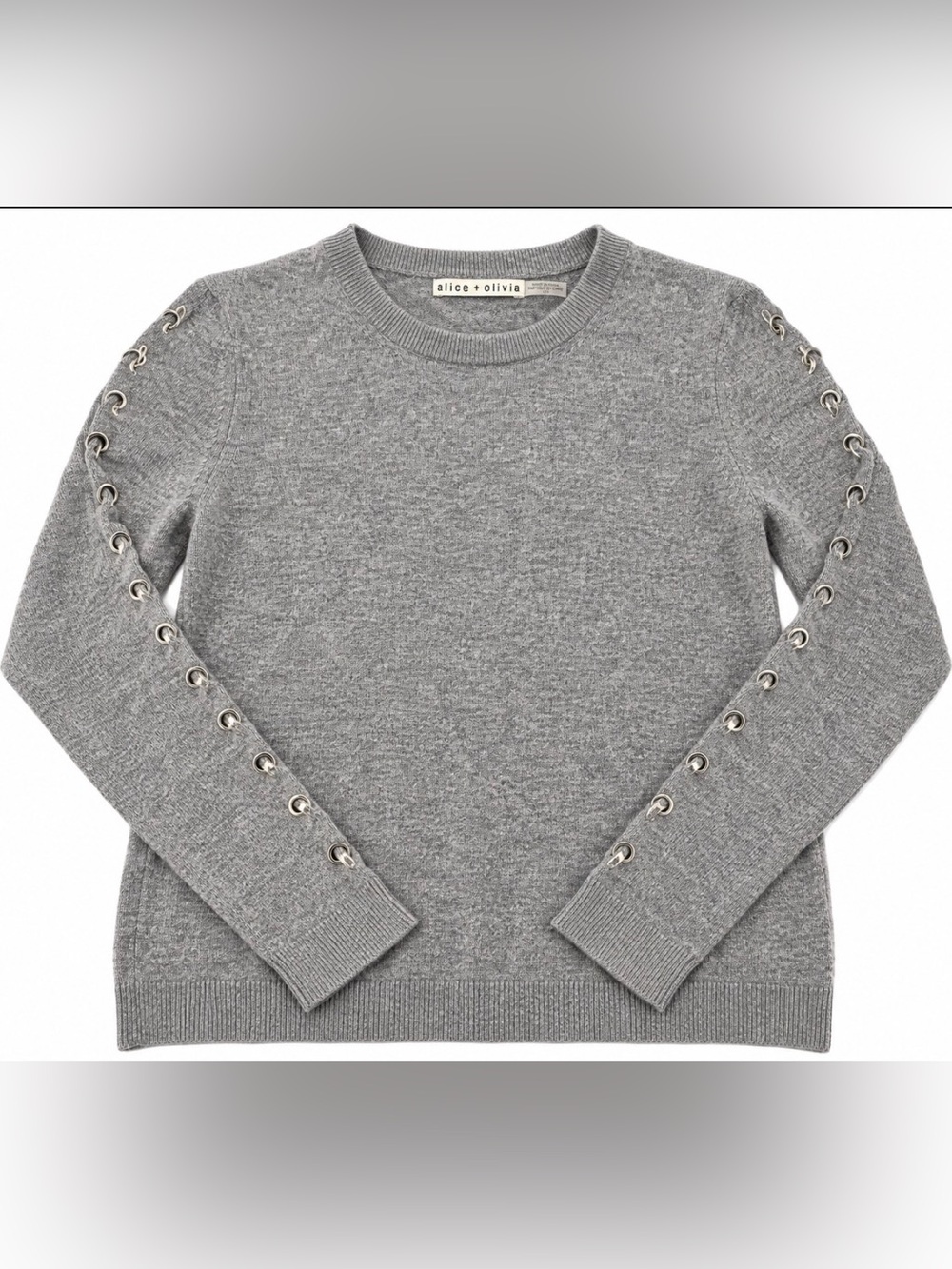 Alice + Olivia Gray Grommet Sleeve Sweater L Crewneck Silver Hardware Knit